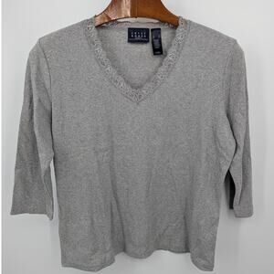 Crazy Horse by Liz Claiborne Gray Lace Trim Ribbed Knit Shirt XL Cottagecore